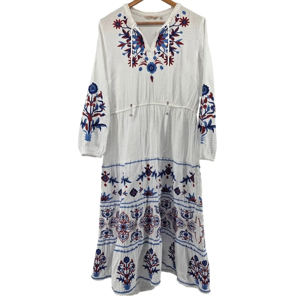 Soft Surroundings Maxi Dress L White Floral Embroidered Boho Cottagecore Coastal - Picture 2 of 12